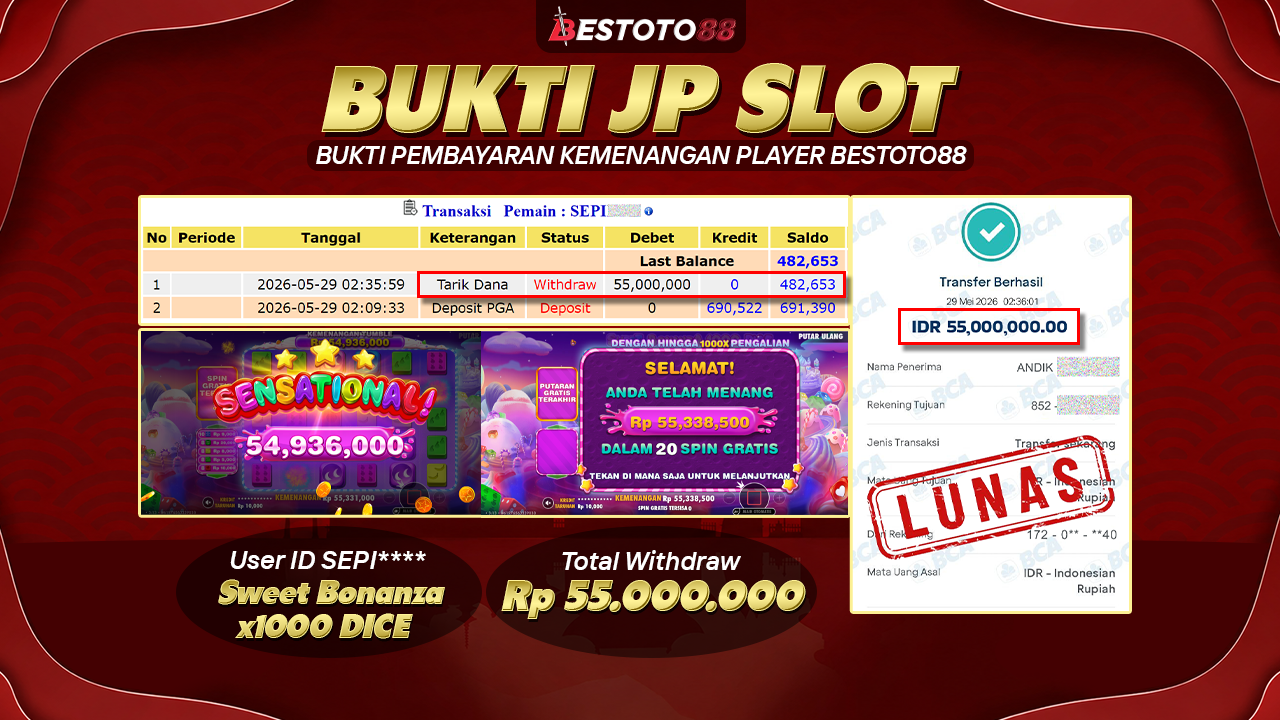 Room Malam Sweet Bonanza X1000 Dice Bestoto88 Panas, Sepi**** Tarik Rp 55 Juta Tanpa Drama