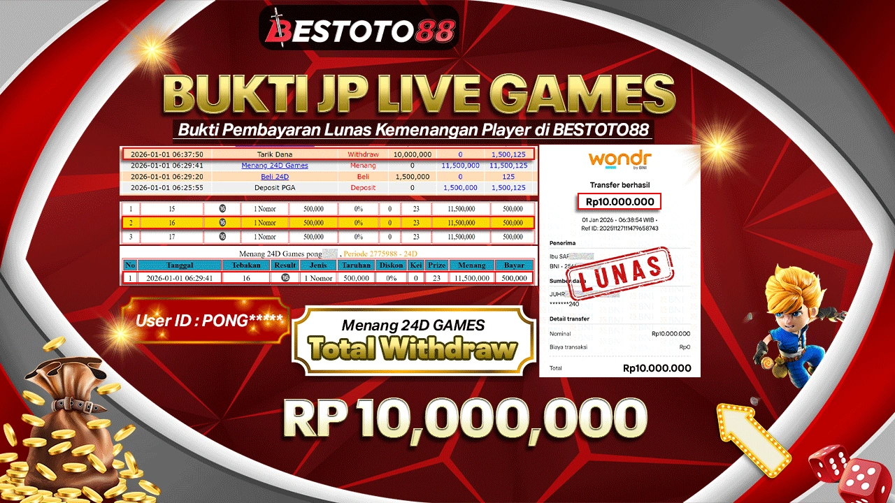 Meja 24D Games BESTOTO88 Anti PHP, Pong**** Lihat Slip WD Tembus Rp 10 Juta