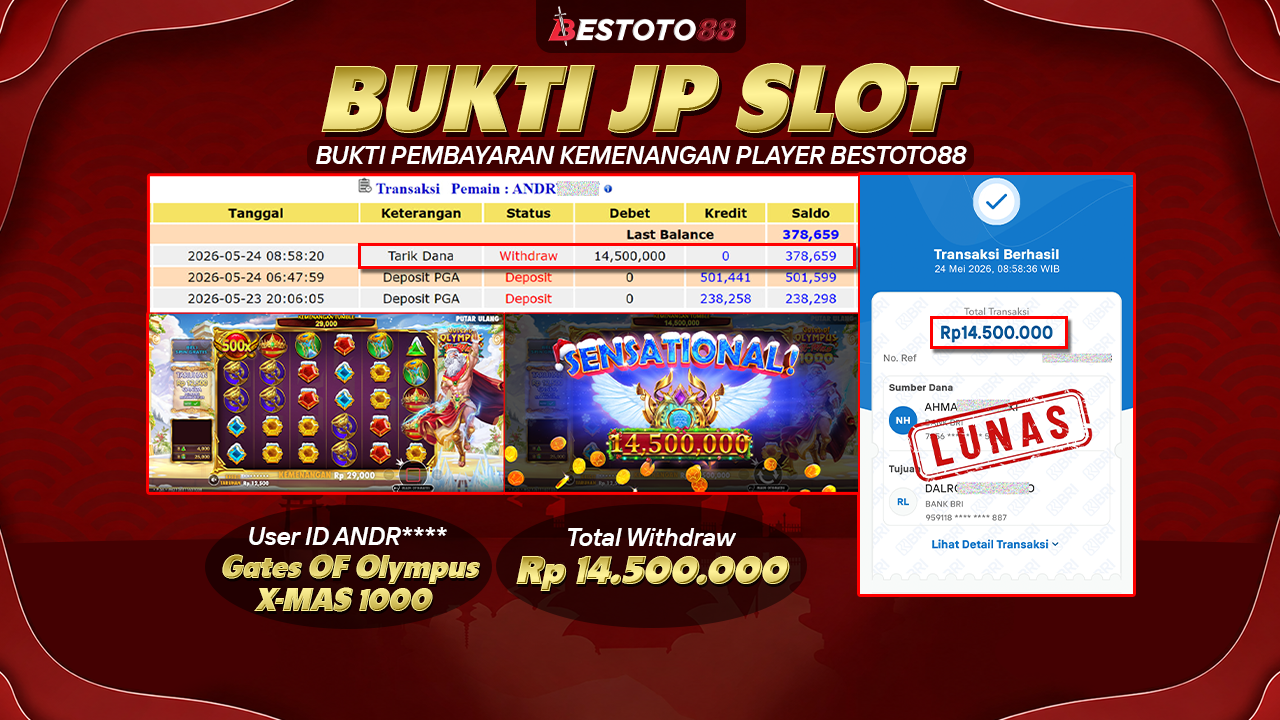 Bukti Jackpot Gates Of Olympus X-Mas 10000 Di Bestoto88 : Rp 14,5 Juta Lunas !