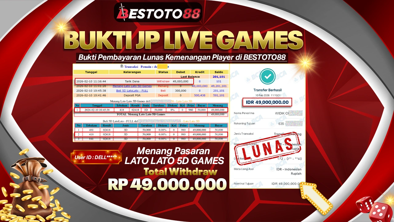 Pasang Santai Di 5D Lato Lato Bestoto88, Slip Dell**** Tertulis Rp 49 Juta