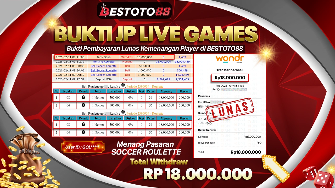 Goll**** Menang Beruntun Di Soccer Roulette Bestoto88, Slip Wd Tercetak Rp 18 Juta