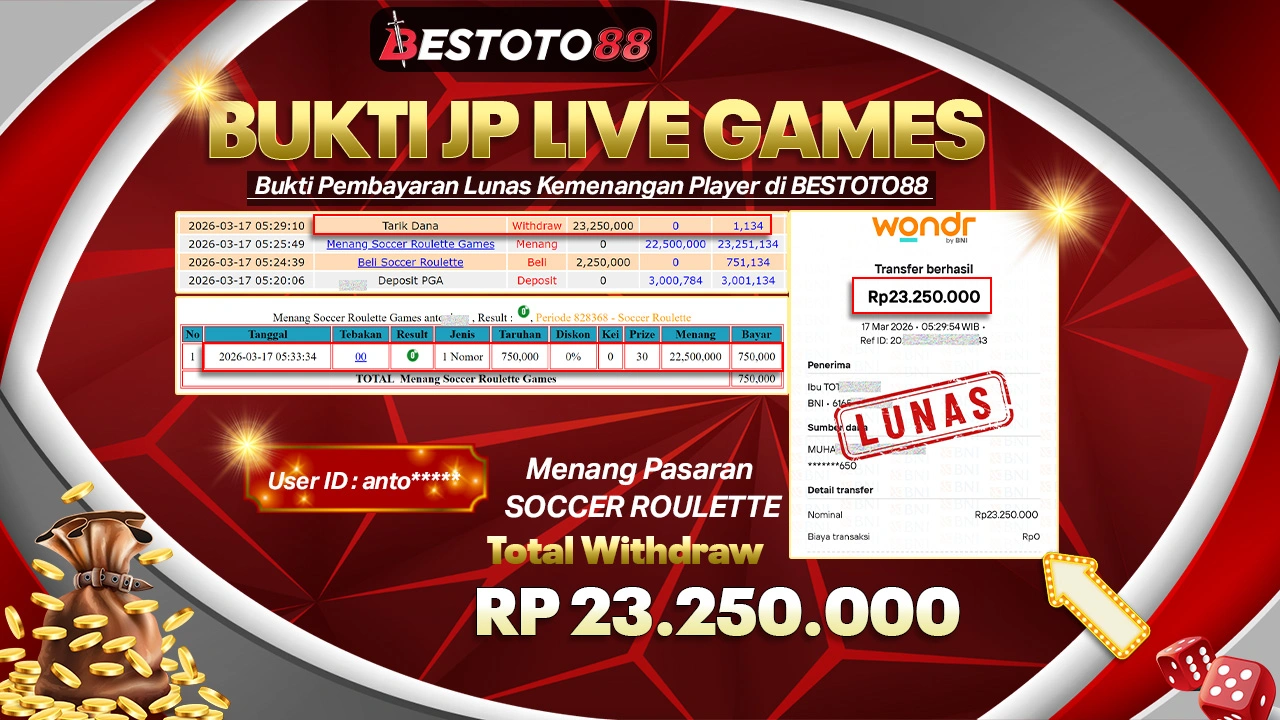 Anto**** Menang Beruntun Di Soccer Roulette Bestoto88, Slip Wd Tercetak Rp 23,25 Juta