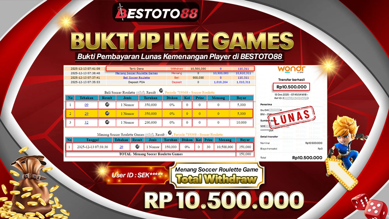 Seks**** Bawa Pulang Rp 10,5 Juta Dari Meja Soccer Roulette Bestoto88
