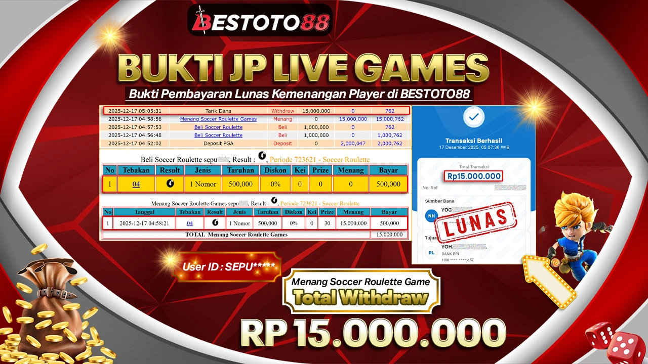 Sesi Tenang Live Soccer Roulette BESTOTO88, Sepu**** Kunci Rp 15 Juta