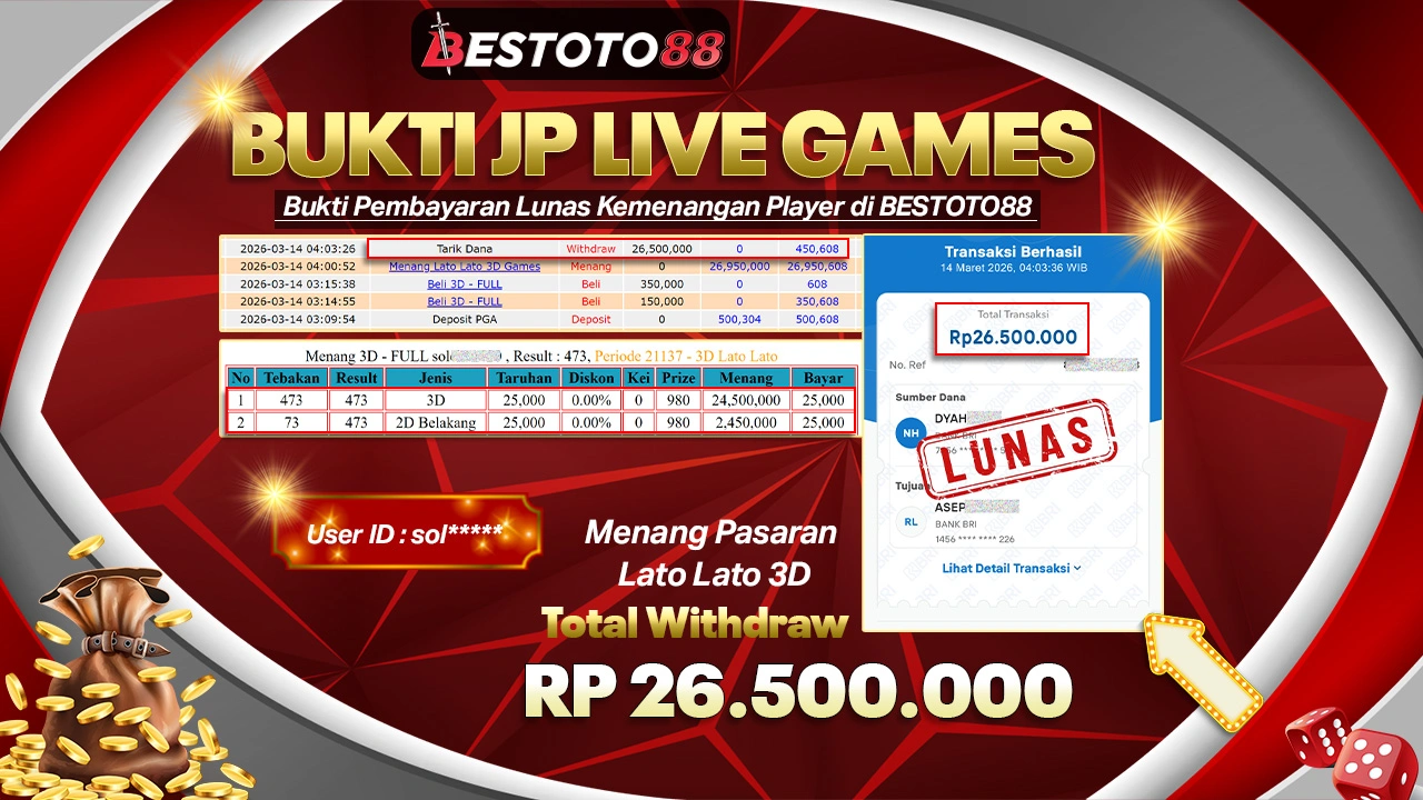 Taruhan Angka 3D Lato Lato Di Bestoto88 Nggak Sia-Sia, Sole**** Tarik Rp 26,5 Juta