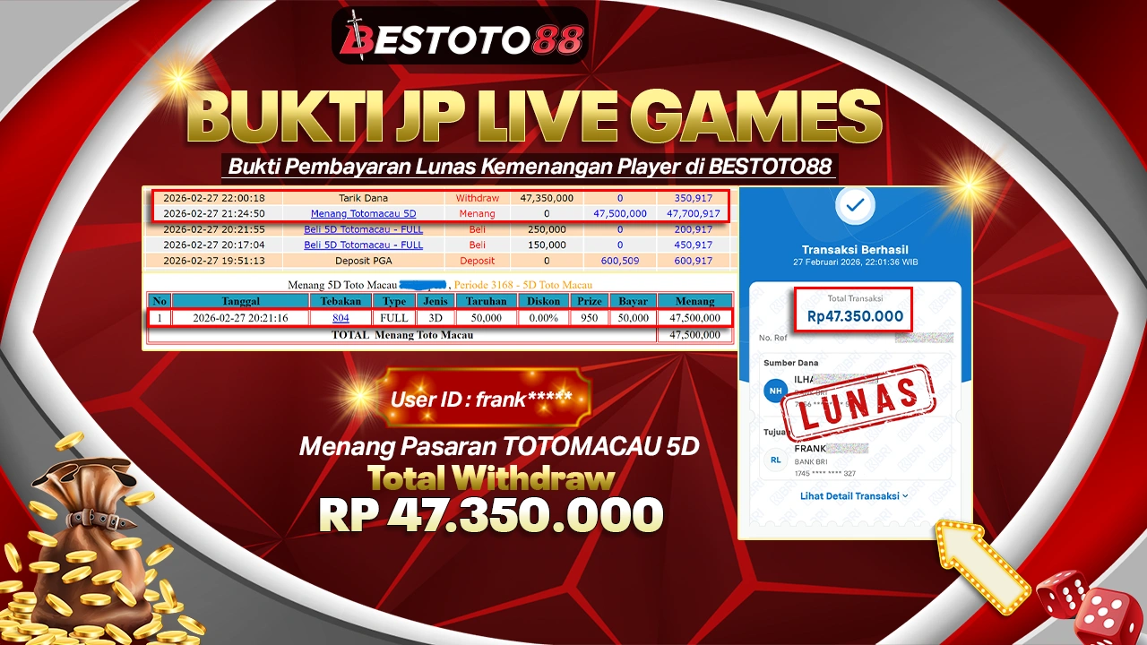 Racikan Nomor Fran**** Di 5D Toto Macau Bestoto88 Jepe Rp 47,35 Juta