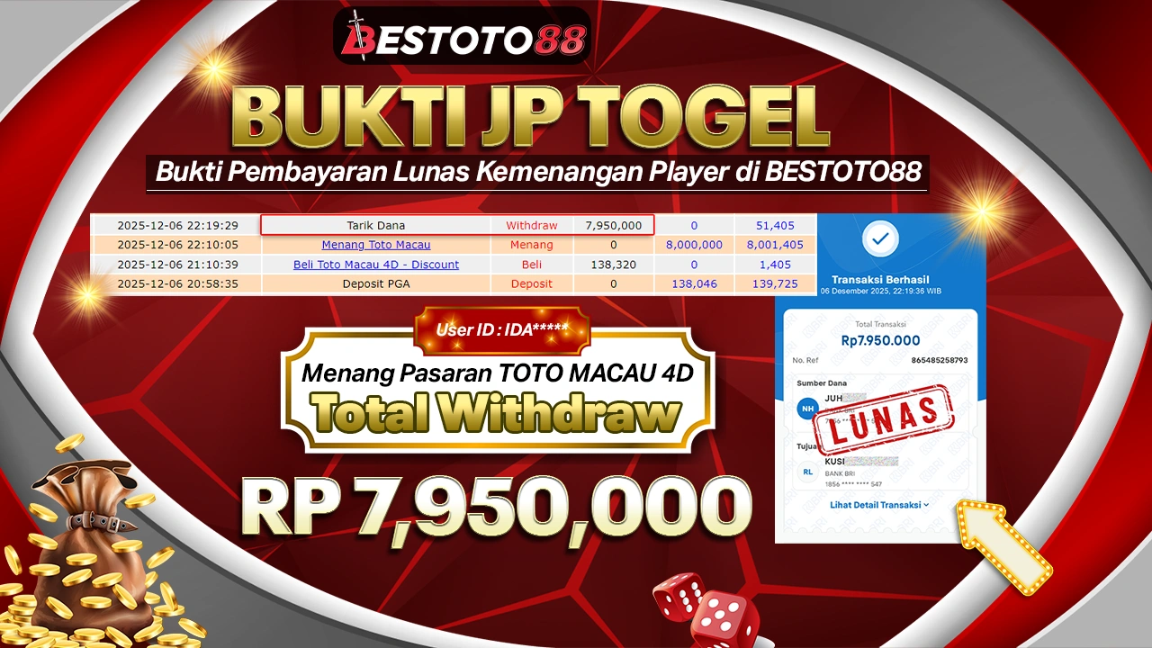 Pasang Santai Di 4D Toto Macau Bestoto88, Slip Idam**** Tertulis Rp 7,95 Juta