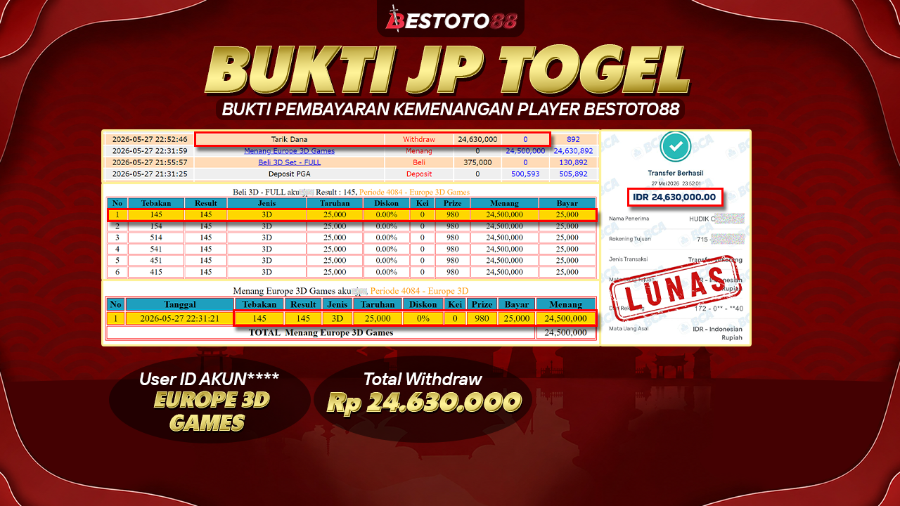 Pasang Santai Di Europe 3D Games Bestoto88, Slip Akun**** Tertulis Rp 24,63 Juta